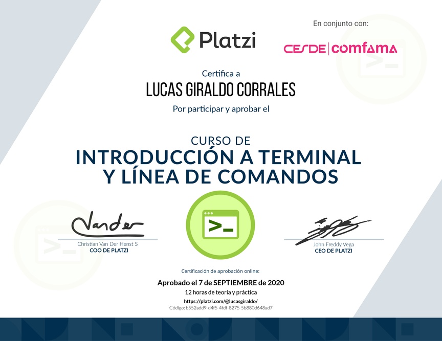 Diploma del Curso de Introducción a la Terminal y Línea de Comandos 2019