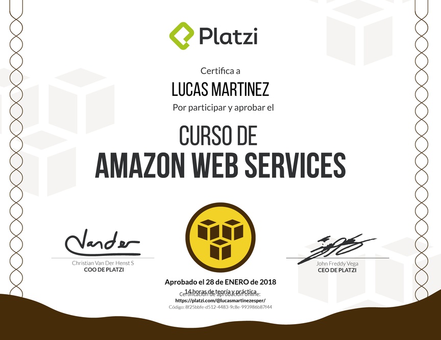 Diploma del Curso de Deploy con Amazon Web Services 2017