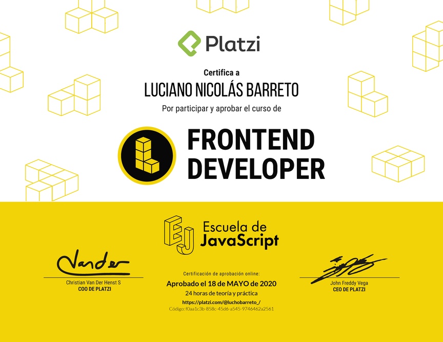 Diploma del Curso de Frontend Developer 2019