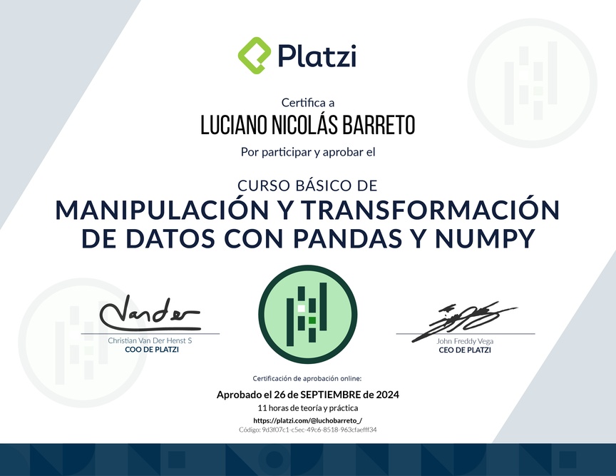 Diploma del Curso de Manipulación y Transformación de Datos con Pandas y NumPy
