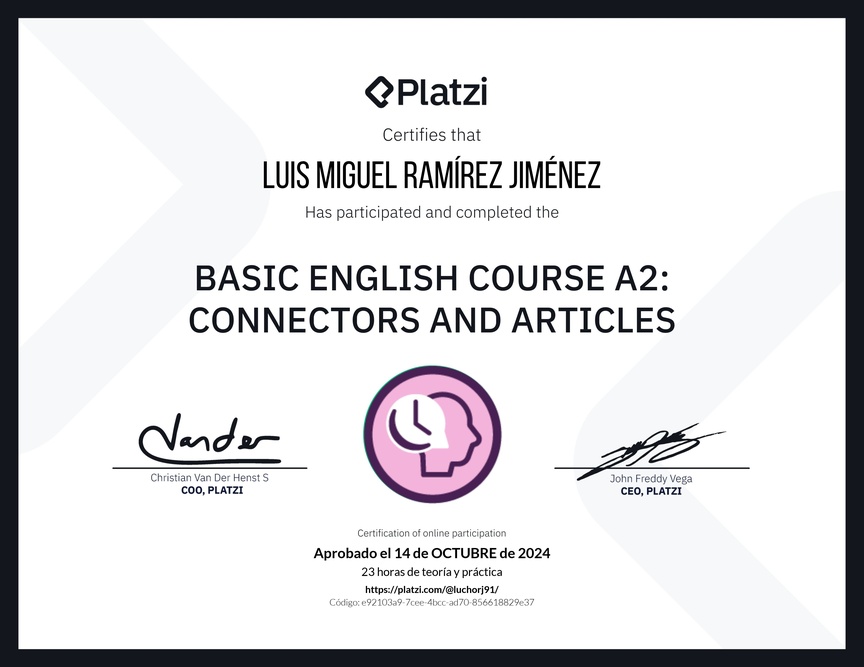 Diploma del Curso de Inglés Básico A2: Conectores y Artículos