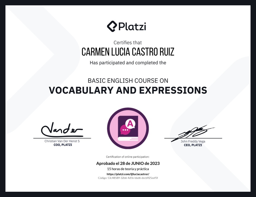 Diploma del Curso Básico de Vocabulario y Expresiones en Inglés