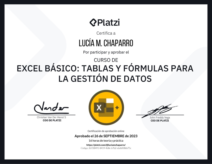 Diploma del Curso de Excel Básico: Tablas y Fórmulas para la Gestión de Datos