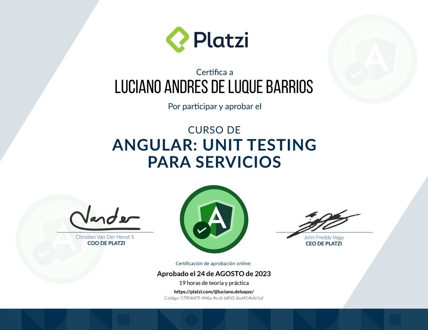 Diploma del Curso de Angular: Unit Testing para Servicios