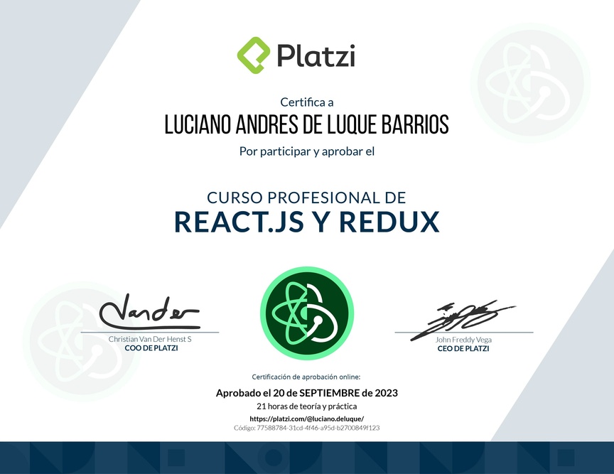 Diploma del Curso Profesional de React.js y Redux