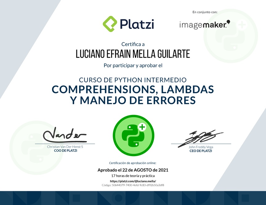 Diploma del Curso de Python Intermedio: Comprehensions, Lambdas y Manejo de Errores