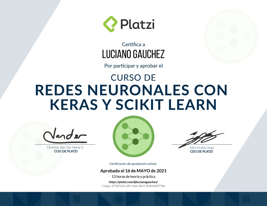 Diploma del Curso de Redes Neuronales en Keras y Scikit-Learn 2019