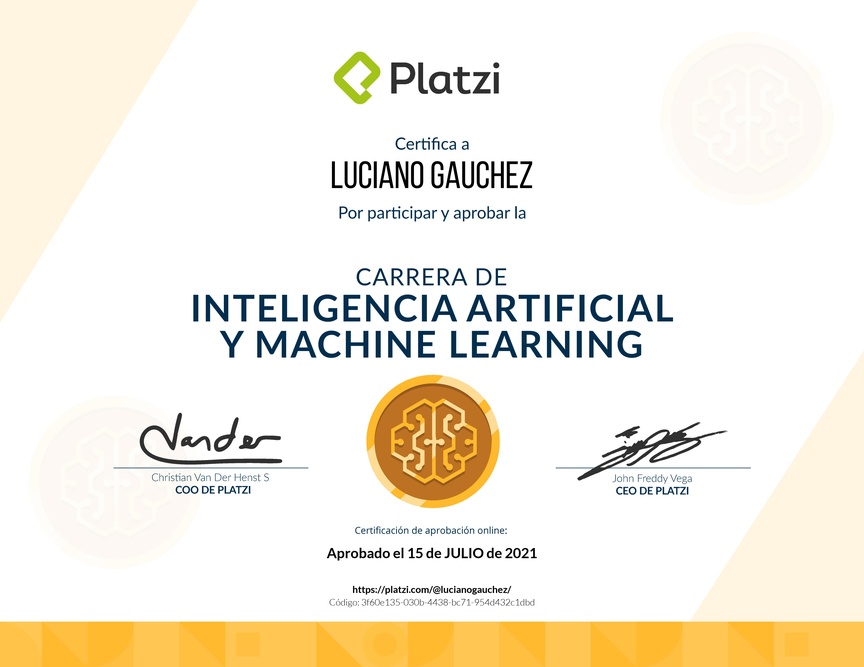 Diploma de la Ruta de Aprendizaje de Inteligencia Artificial y Machine Learning
