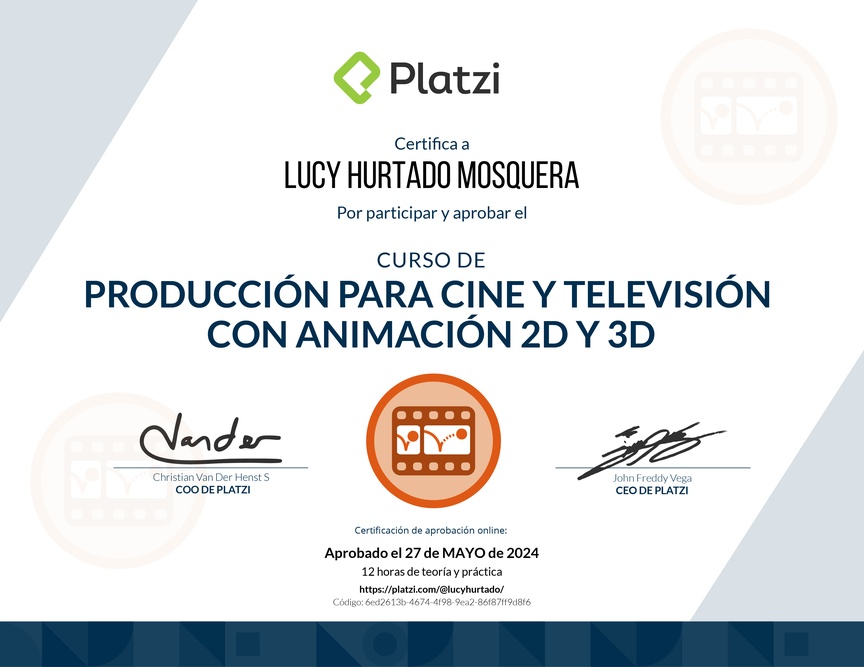 Diploma del Curso de Producción para Cine y Televisión con Animación 2D y 3D