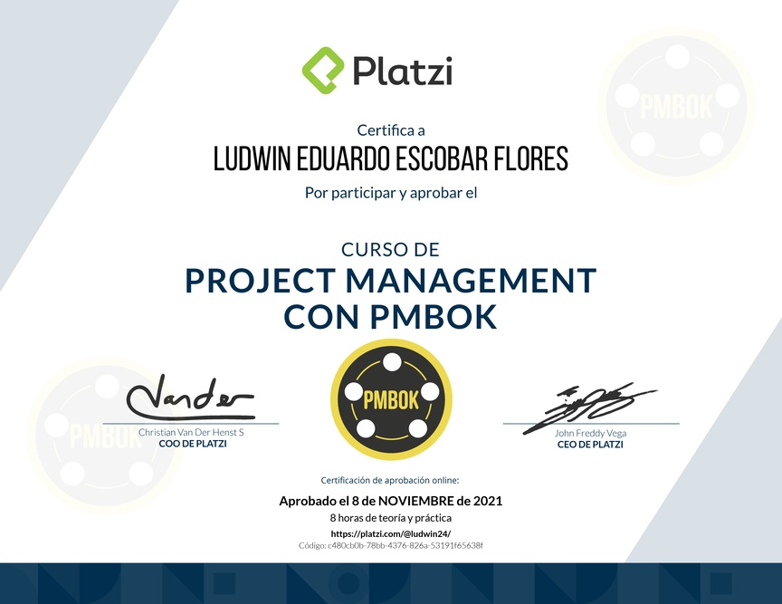 Diploma del Curso de Project Management con PMBOK