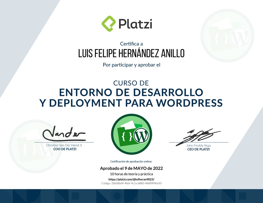 Diploma del Curso de Entornos de Desarrollo y Deployment en WordPress