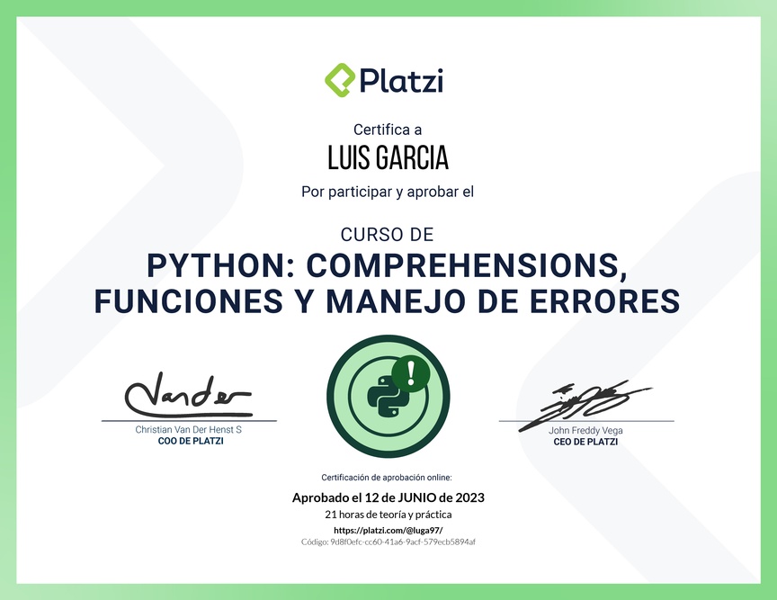 Diploma del Curso de Python: Comprehensions, Funciones y Manejo de Errores