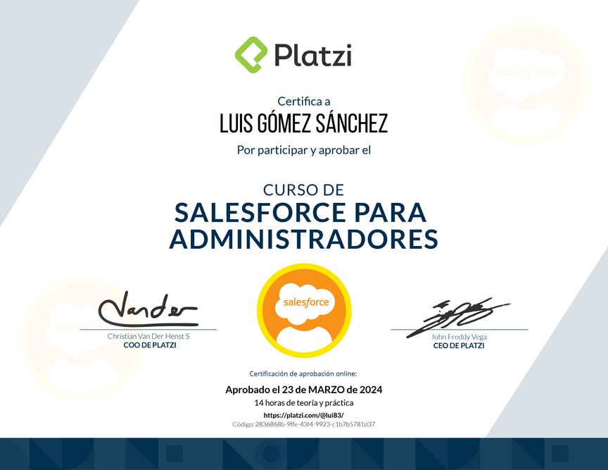 Diploma del Curso de Salesforce para Administradores