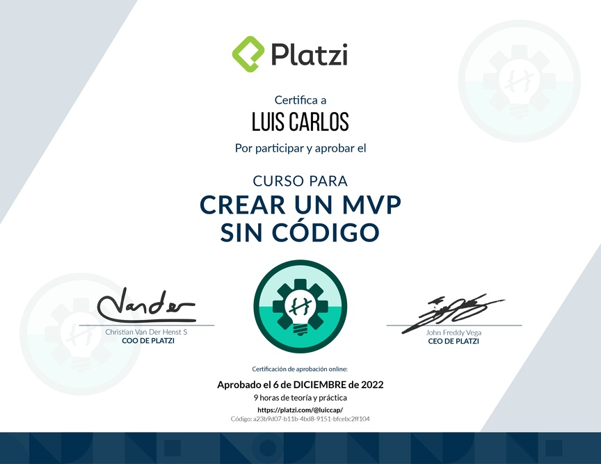 Diploma del Curso para Crear un MVP sin Código