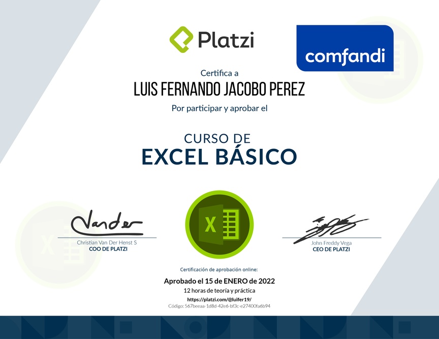 Diploma del Curso de Excel Básico