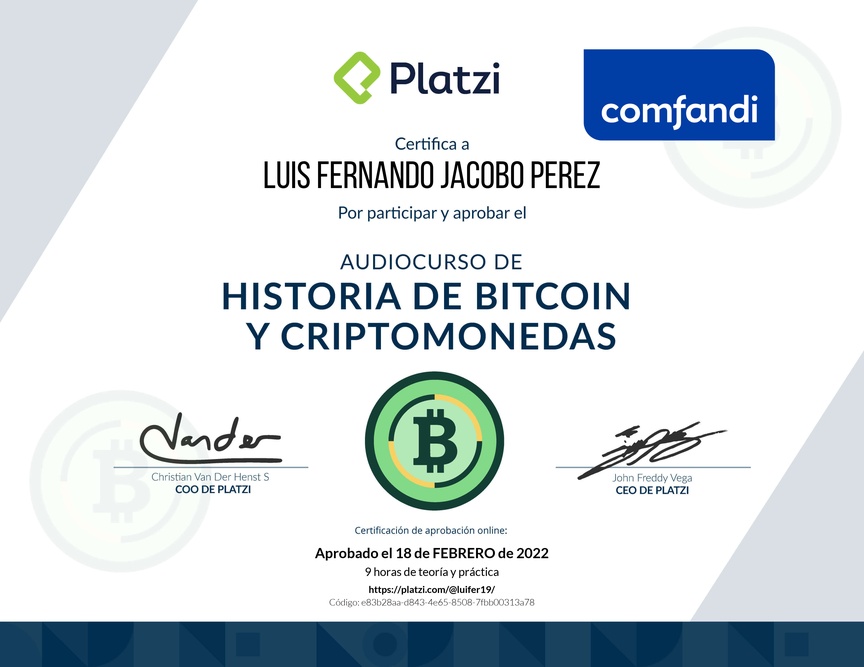 Diploma de Audiocurso de Historia de Bitcoin y Criptomonedas