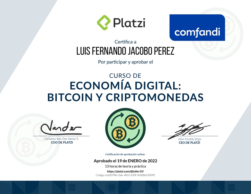 Diploma del Curso de Economía Digital: Bitcoin y Criptomonedas