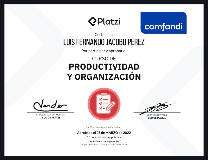 Diploma del Curso de Productividad y Organización