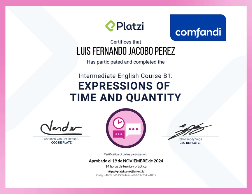 Diploma del Curso de Inglés Intermedio B1: Expresiones de Tiempo y Cantidad