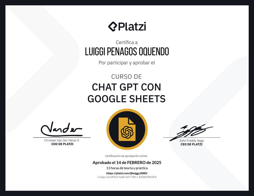Diploma del Curso de ChatGPT con Google Sheets