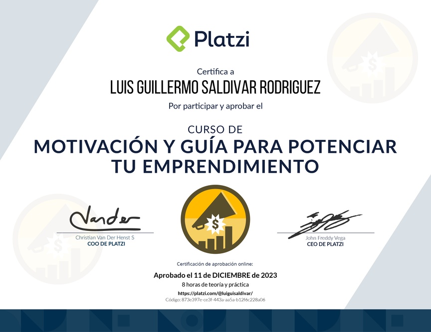 Diploma del Curso de Motivación y Guía para Potenciar tu Emprendimiento