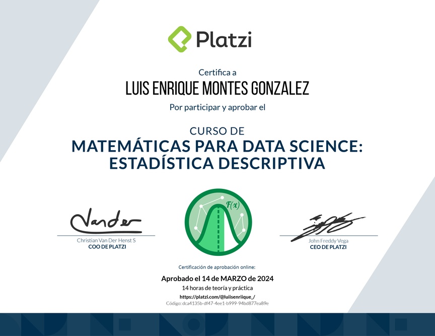 Diploma del Curso de Matemáticas para Data Science: Estadística Descriptiva
