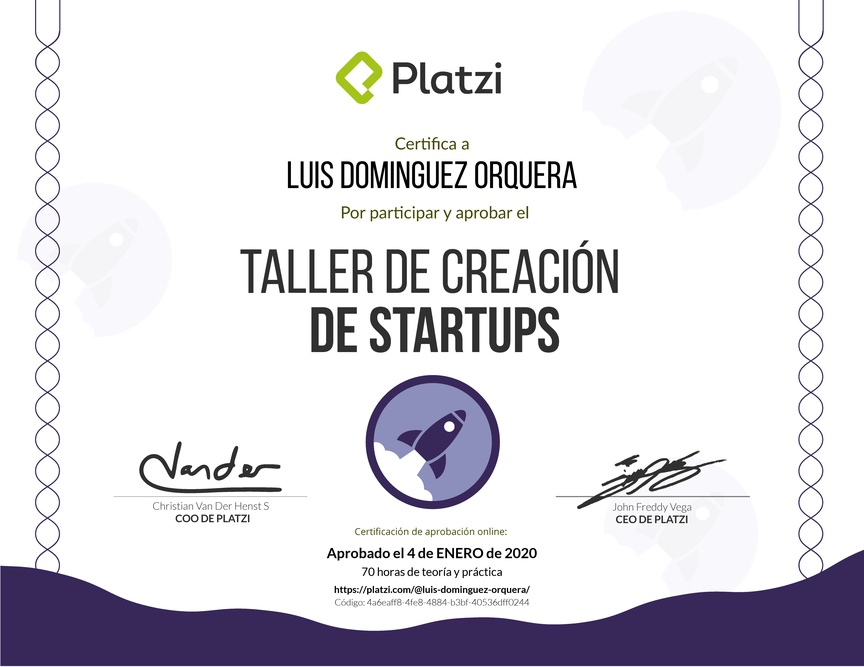 Diploma de Taller de creación de Startups 2019