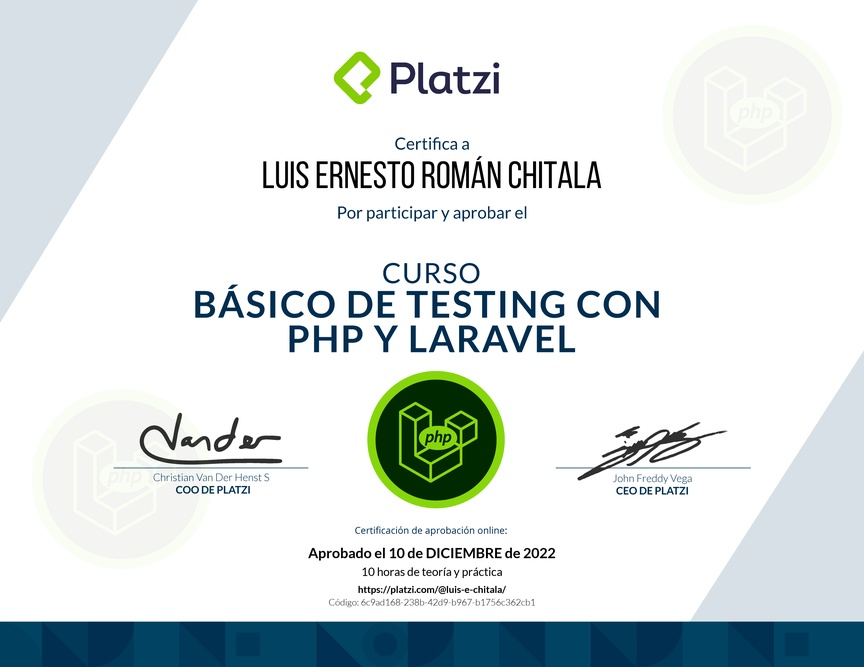 Diploma del Curso Básico de Testing con PHP y Laravel