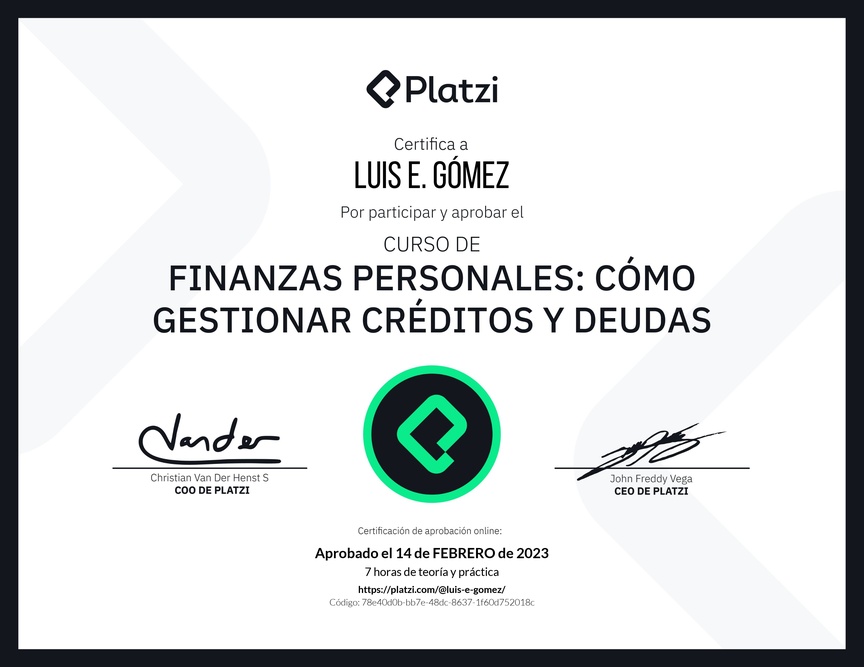 Diploma del Curso de Finanzas Personales: Cómo Gestionar Créditos y Deudas