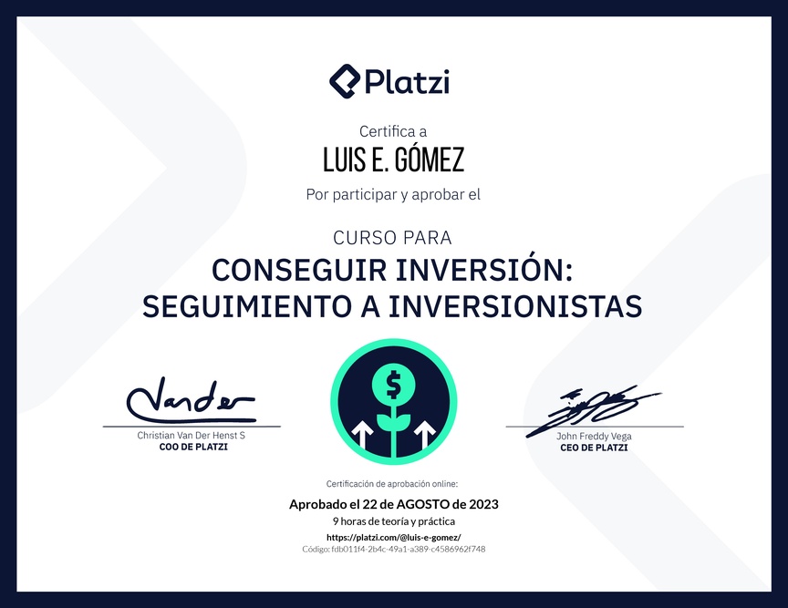 Diploma del Curso para Conseguir Inversión: Seguimiento a Inversionistas