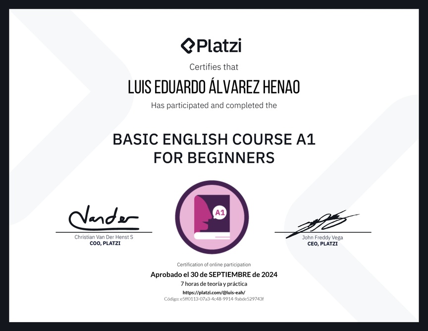 Diploma del Curso de Inglés Básico A1 para Principiantes