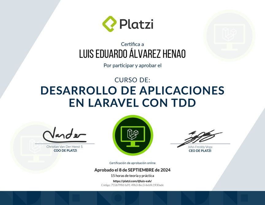 Diploma del Curso de Desarrollo en Laravel con Test Driven Development