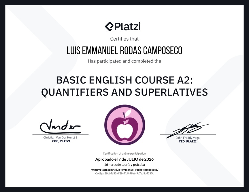 Diploma del Curso de Inglés Básico A2: Cuantificadores y Superlativos