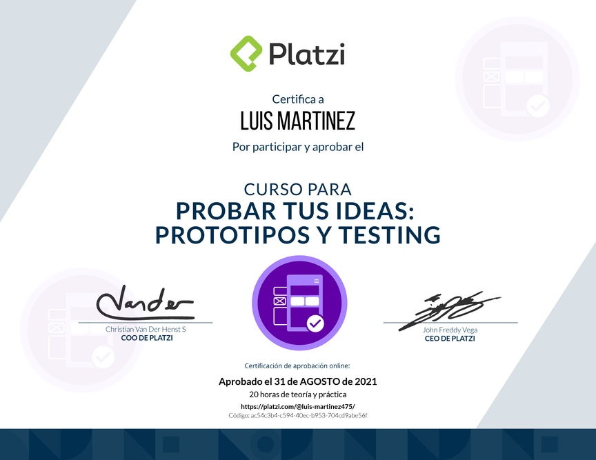 Diploma del Curso de validación de Ideas: Prototipos y Testing Exitosos