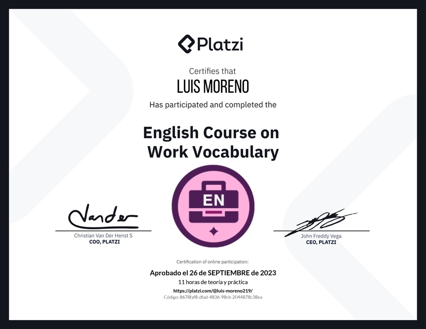 Diploma del Curso de Vocabulario en Inglés para el Trabajo