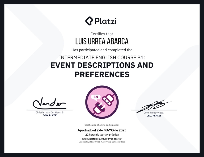 Diploma del Curso de Inglés Intermedio B1: Descripción de Eventos y Preferencias