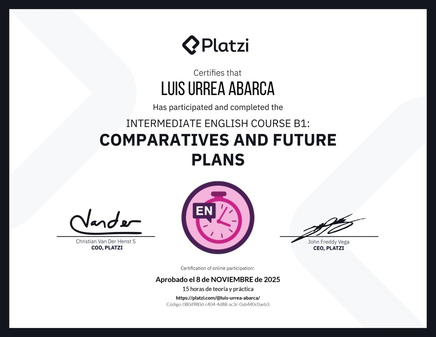 Diploma del Curso de Inglés Intermedio B1: Comparativos y Planes Futuros