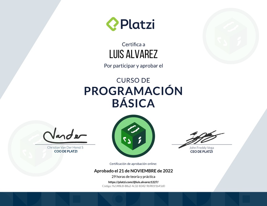 Diploma del Curso Gratis de Programación Básica 2022