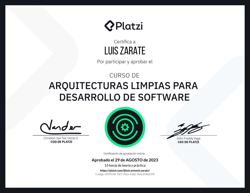 Diploma del Curso de Arquitecturas Limpias para Desarrollo de Software