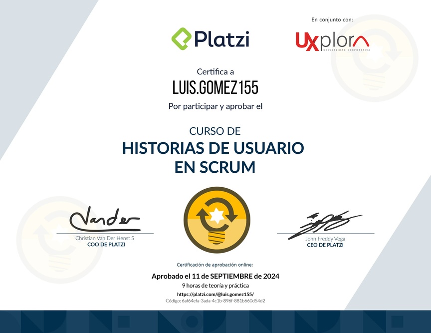 Diploma del Curso de Historias de Usuario en Scrum