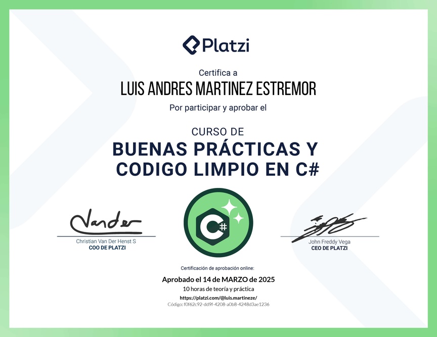 Diploma del Curso de Buenas Prácticas y Código Limpio en C#