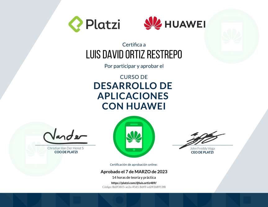Diploma del Curso de Desarrollo de Aplicaciones con Huawei