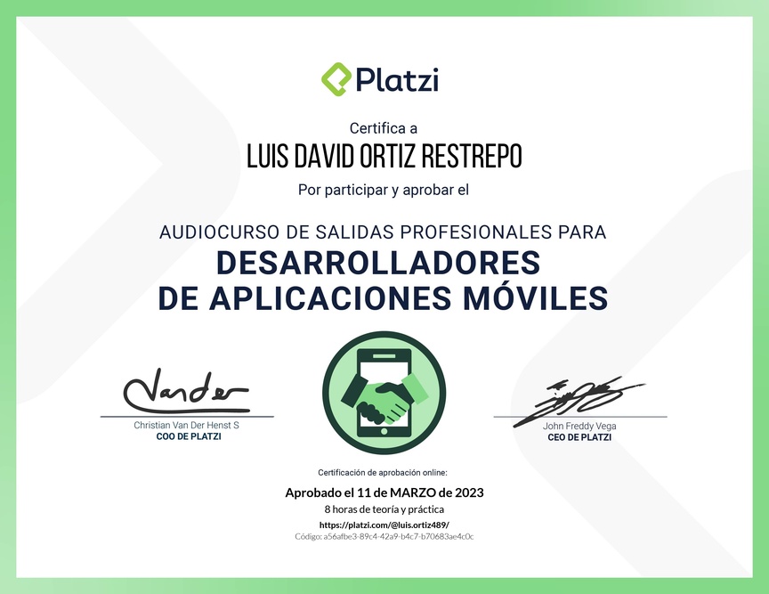 Diploma de Audiocurso de Salidas Profesionales para Desarrolladores de Aplicaciones Móviles 2022