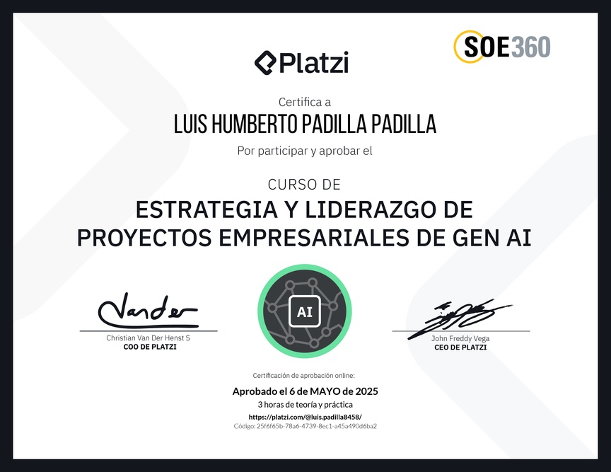 Diploma del Curso de Estrategia y Liderazgo de Proyectos Empresariales de Gen AI