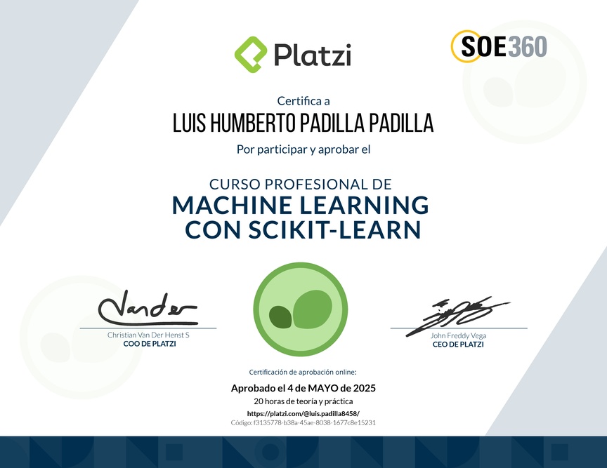 Diploma del Curso Profesional de Machine Learning con scikit-learn