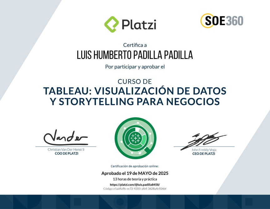 Diploma del Curso de Tableau: Visualización de Datos y Storytelling para Negocios