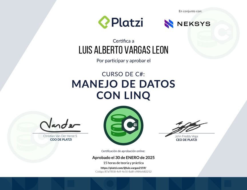 Diploma del Curso de Manejo de Datos en C# con LINQ