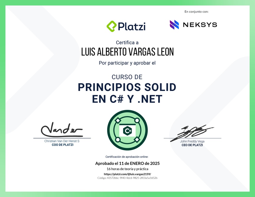 Diploma del Curso de Principios SOLID en C# y .NET