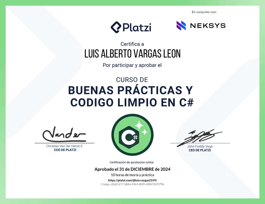 Diploma del Curso de Buenas Prácticas y Código Limpio en C#