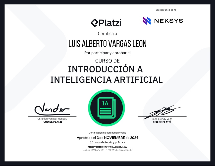 Diploma del Curso de Introducción a Inteligencia Artificial (2023)